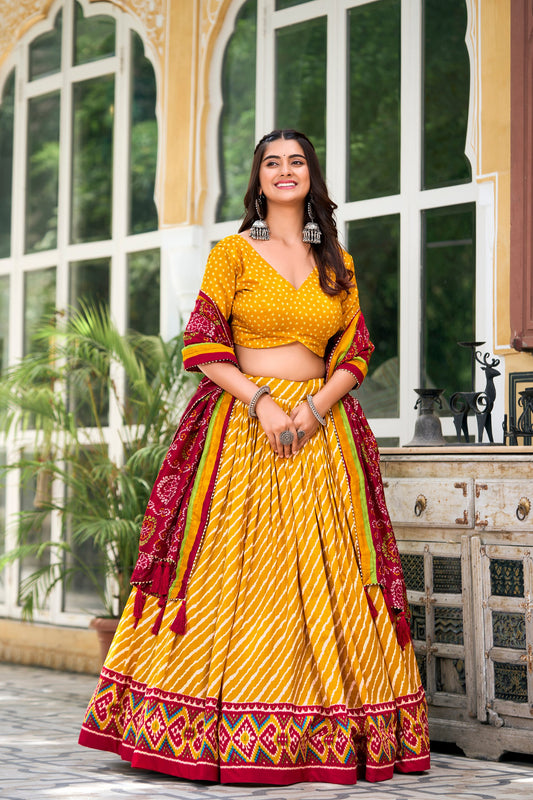 Yellow Tussar Silk Lehenga Choli with Leheriya Print, Patola Border & Bandhani Dupatta