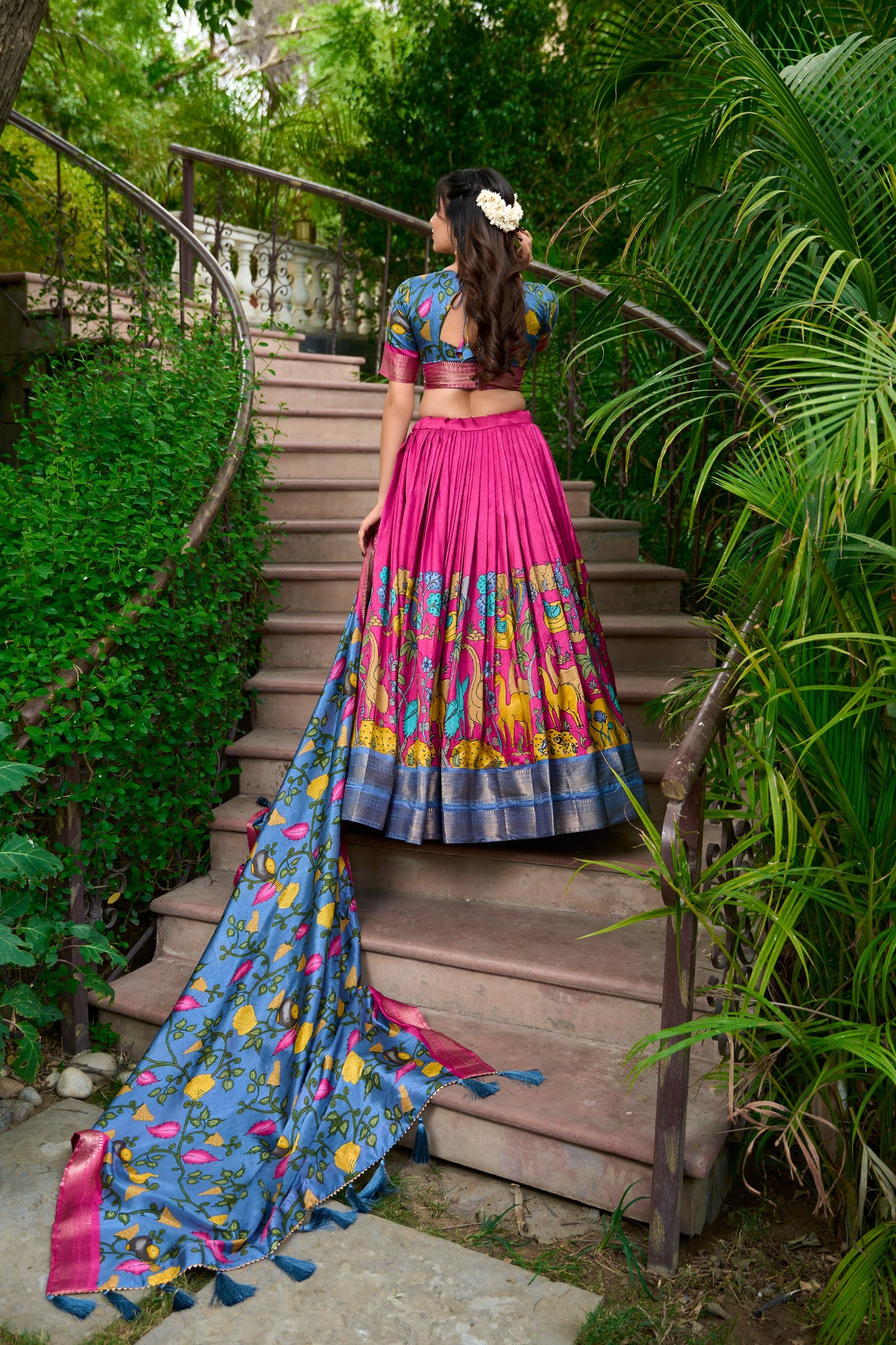 Pink Kalamkari Dola Silk Lehenga Choli Set with Zari Borders