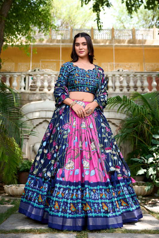 Pink Tussar Silk Lehenga Choli with Pichwai & Patola Prints