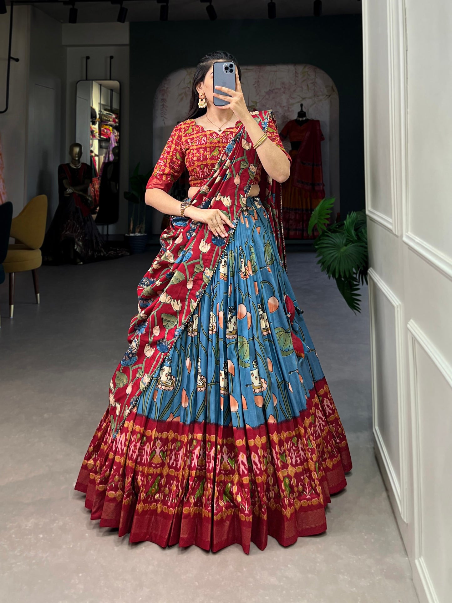 Tussar Silk Patola Print Firozi Blue Lehenga Choli