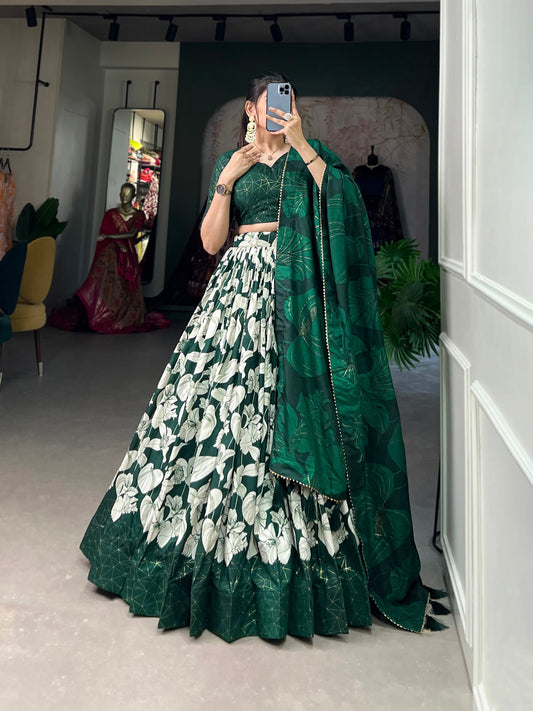 Green Tussar Silk Printed Lehenga Choli with Foil Work