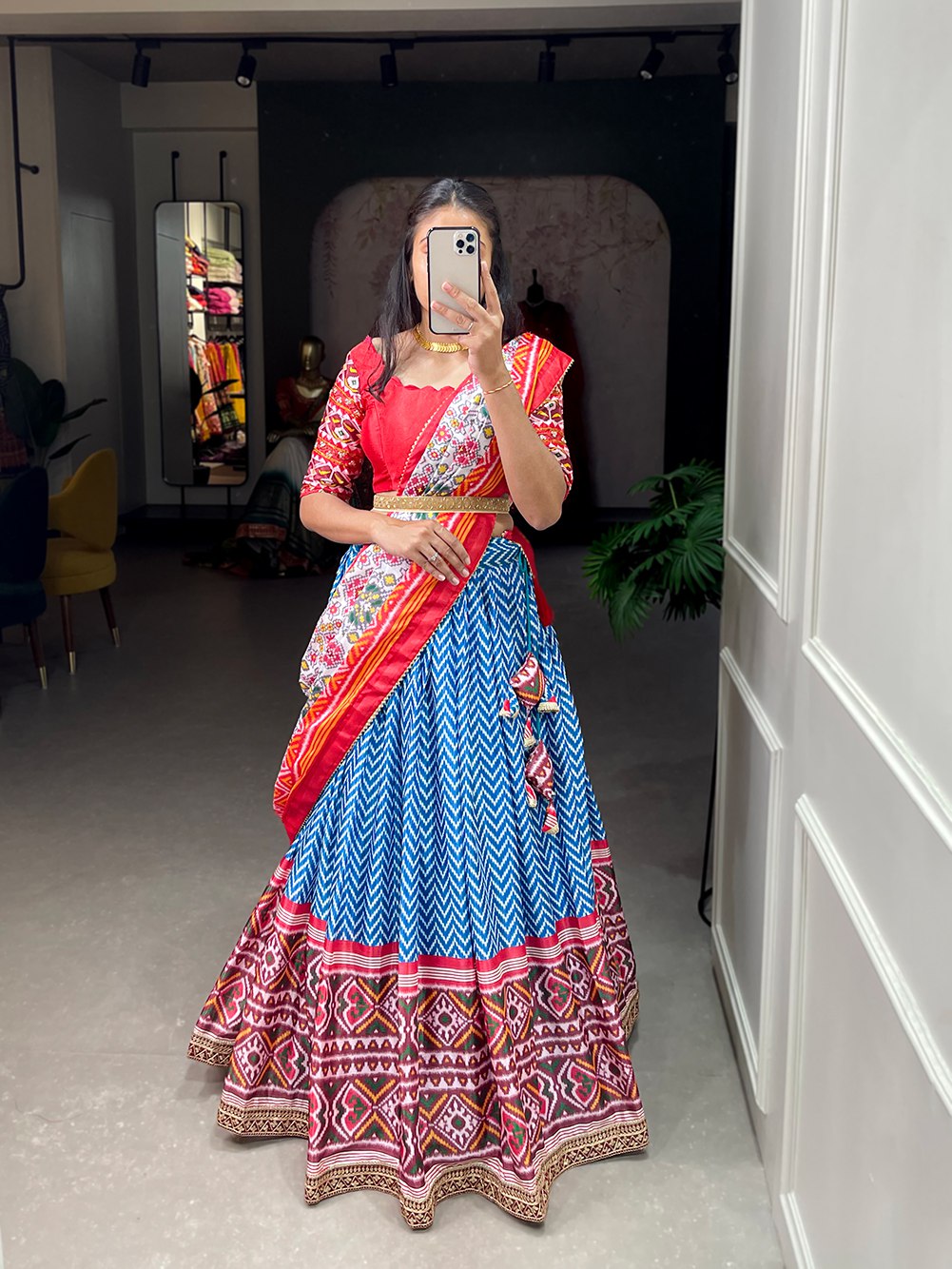 Blue Color Leheriya Patola Print Chinon Lehenga Choli