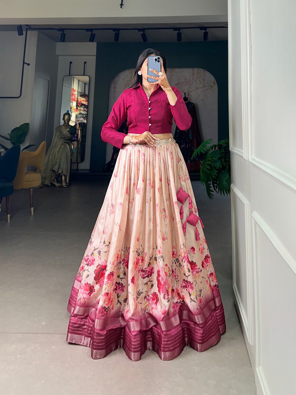 Rani Pink Color Floral Print With Sequins And Zari Border Dola Silk Co-ord Set Lehenga