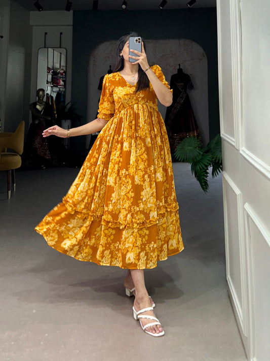 Yellow Floral Print Midi Dress with Puff Sleeves