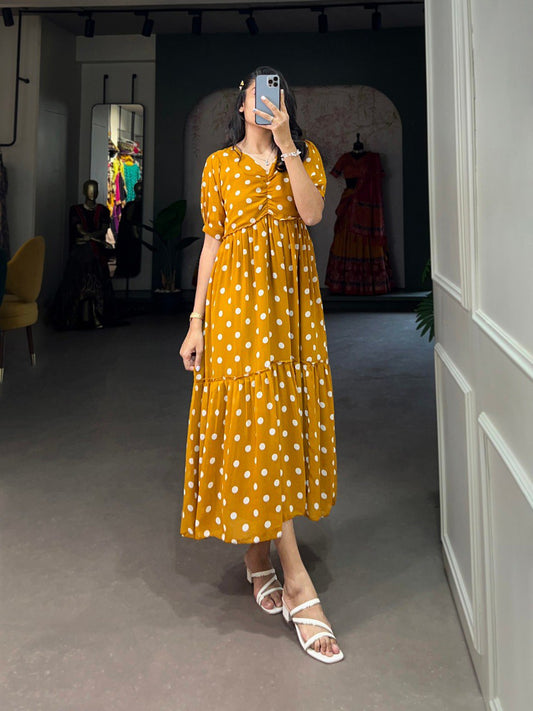 Vintage Polta Dot Print Mustard Yellow Georgette Midi Dress