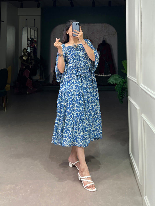 Leaf Print Tiered Boho Blue Midi Dress with Bell Sleeves