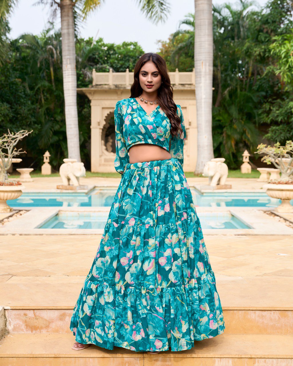 Teal Blue Faux Georgette Floral Printed Readymade Lehenga With Fancy Blouse