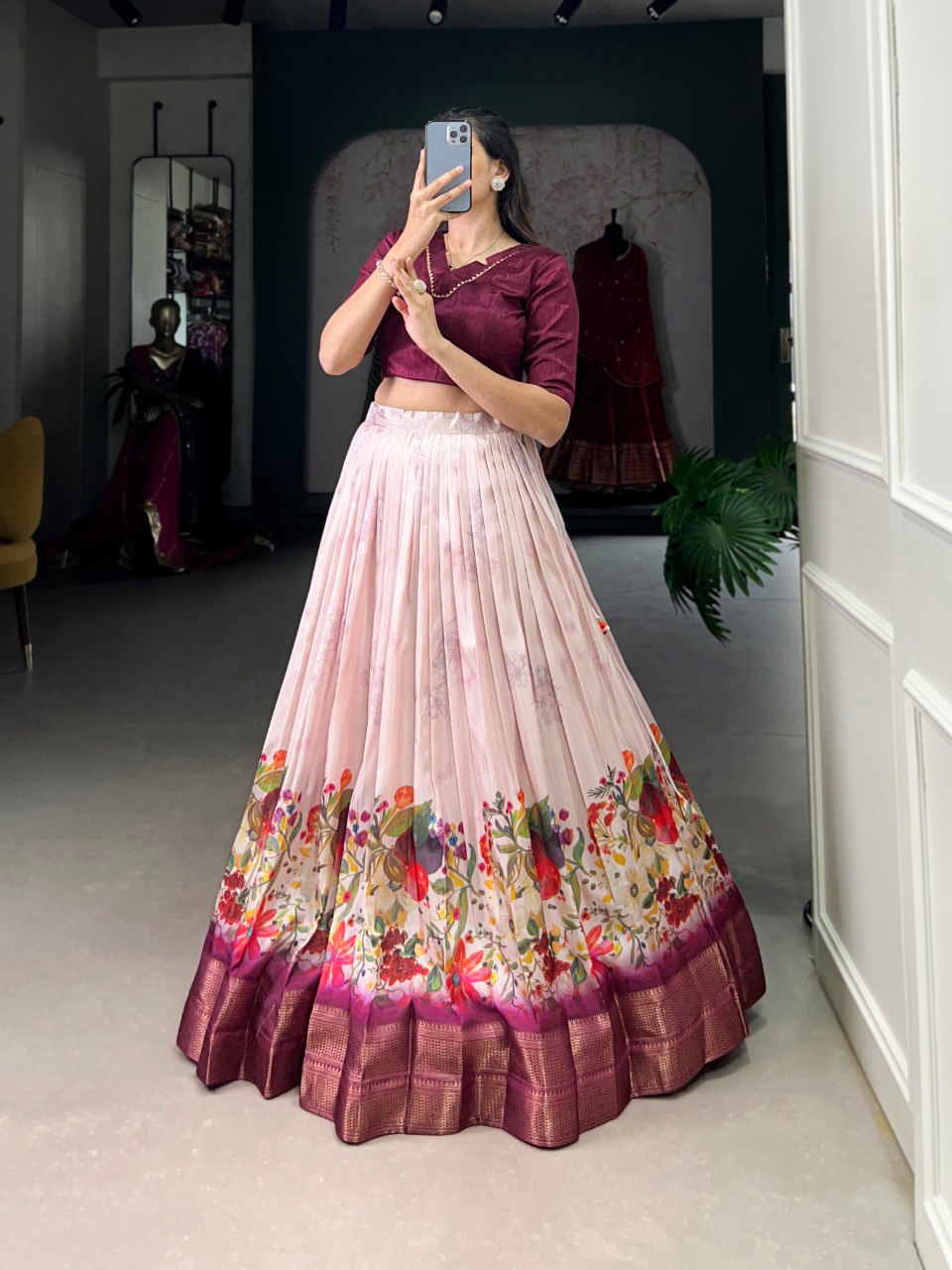 Elegance Wine Cotton Silk Ready to Wear Crop Top And Party Lehenga