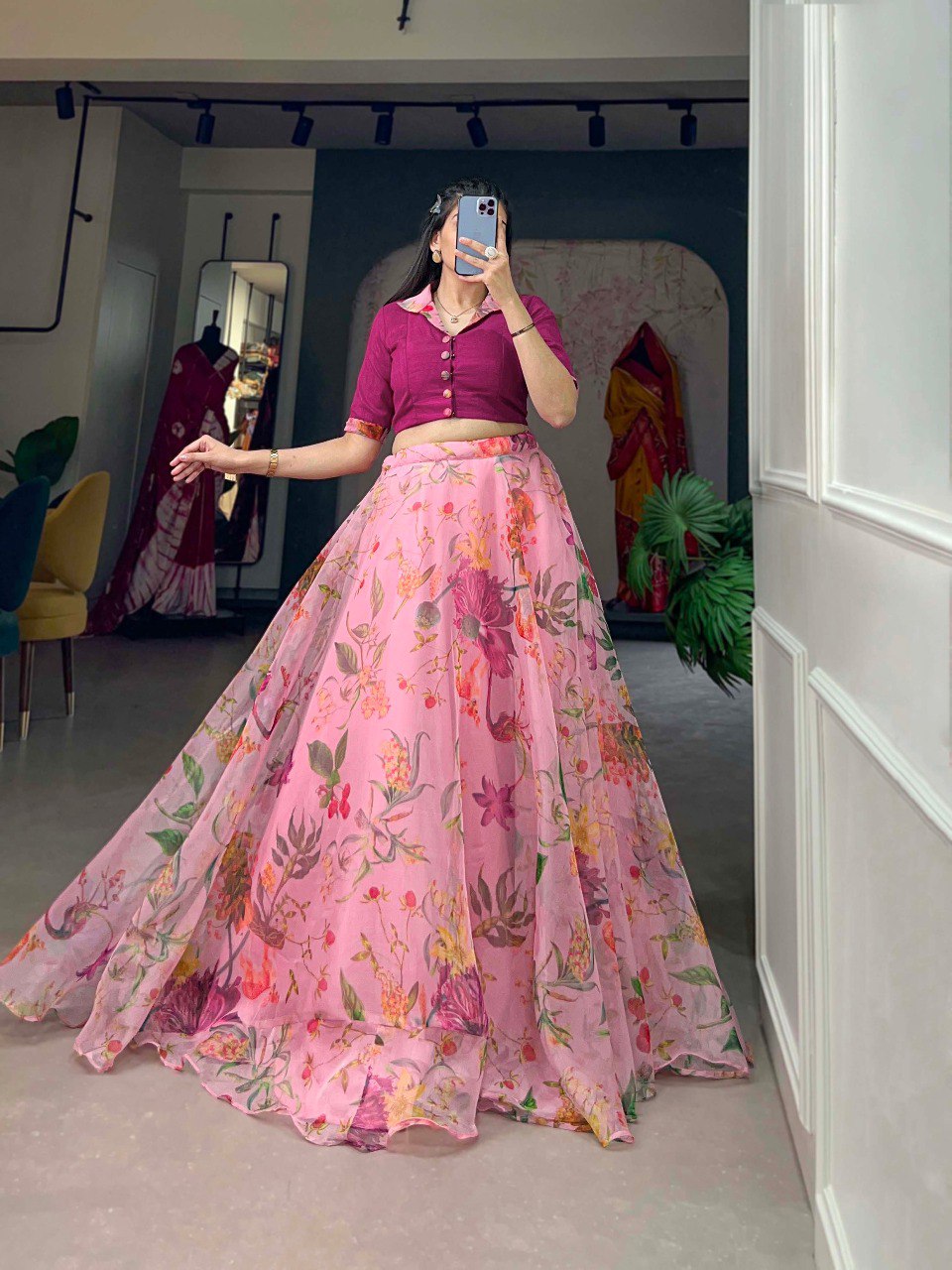 Party Wear Designer Light Pink Organza Floral Print Lehenga And Blouse