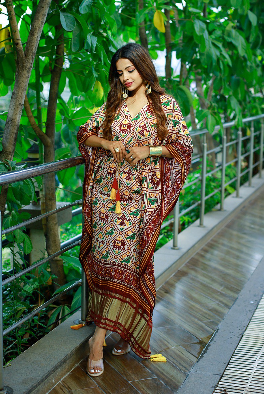 Brown Color Digital Patola Printed Pure Gaji Silk Kaftan