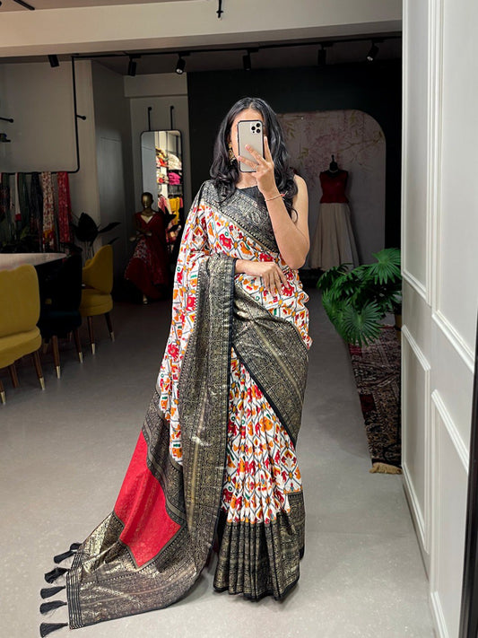 Black Color Patola Print with Foil Work Dola Silk Saree