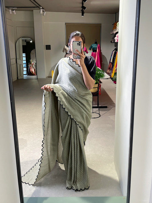 Wonderful Grey Arca Work Gadhawal Chex Event Wear Saree With Blouse