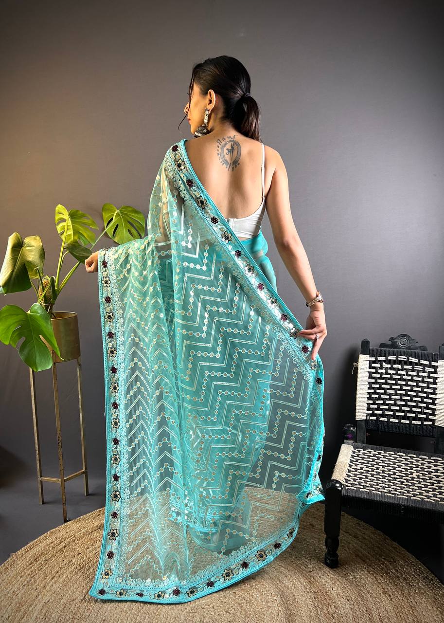 Sky Blue Net Embellished Saree With Unstitched Blouse