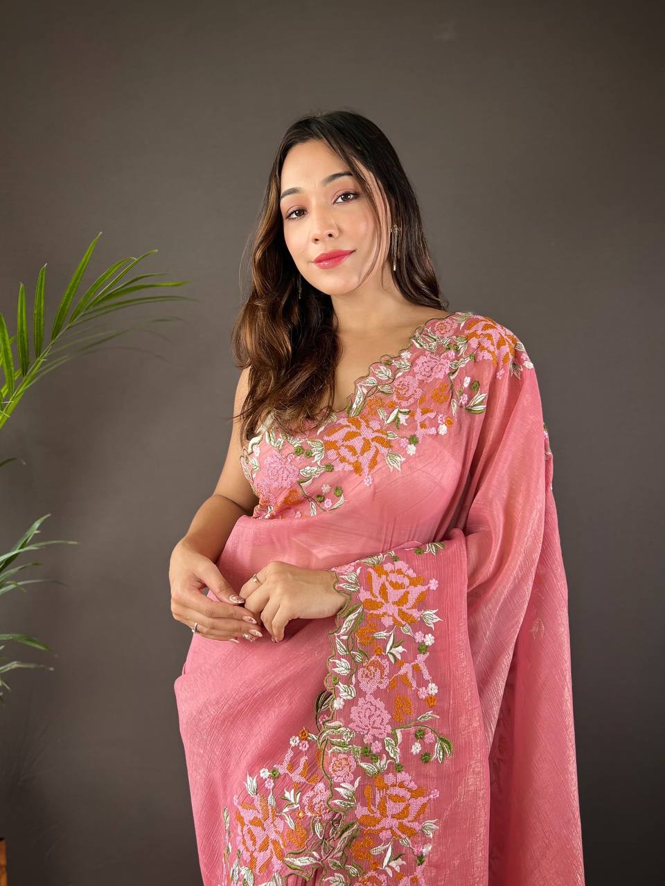 Designer Cross Stitch Floral Embroidery Cut Work Border Pink Glossy Silk Saree With Blouse