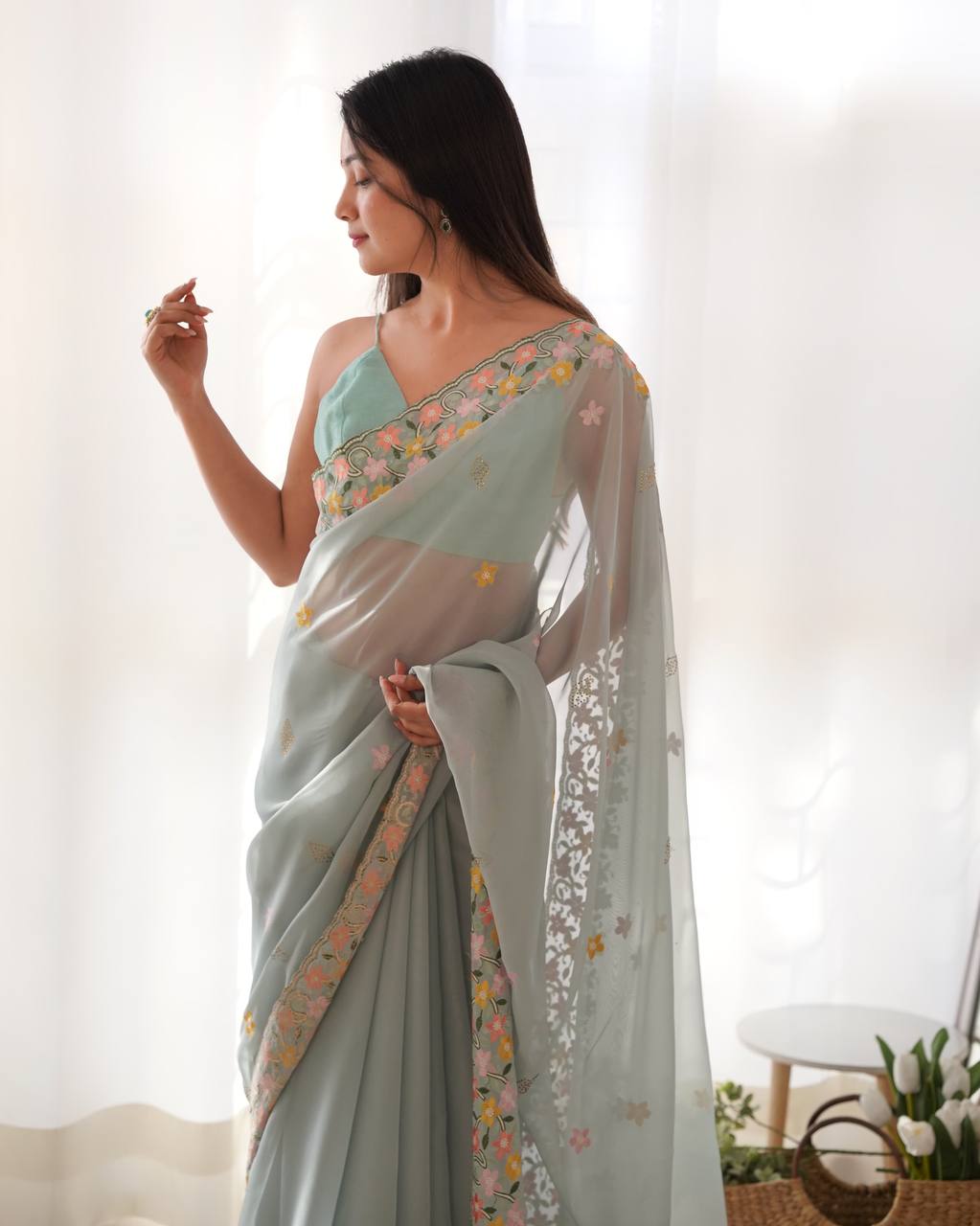 Floral Embroidered Elegance Thai Organza Silk Saree