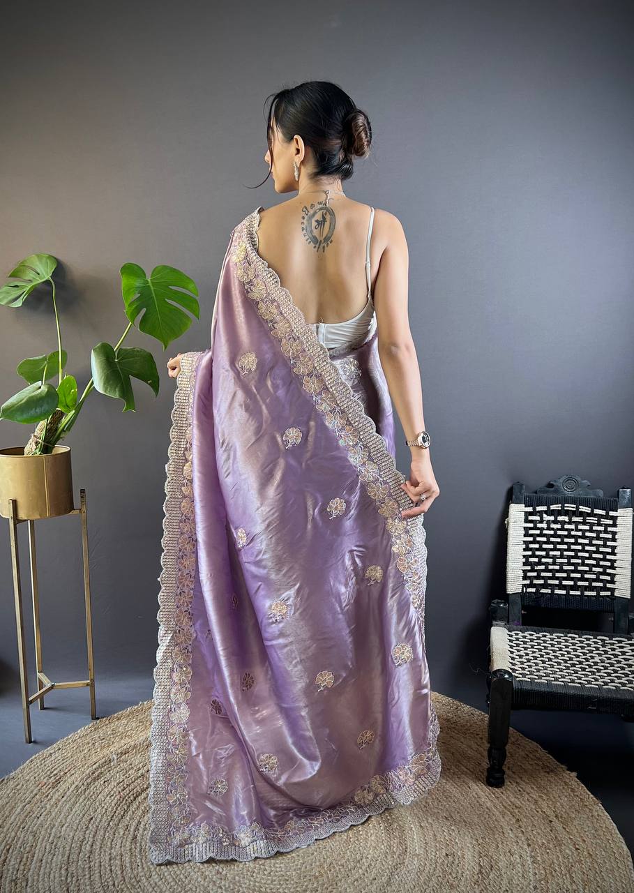 Lavender Embroidered Work Soft Silk Saree