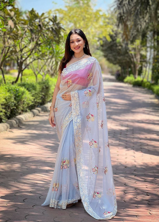 Beautiful Grey Color Designer Soft Silver Tissue Silk Saree