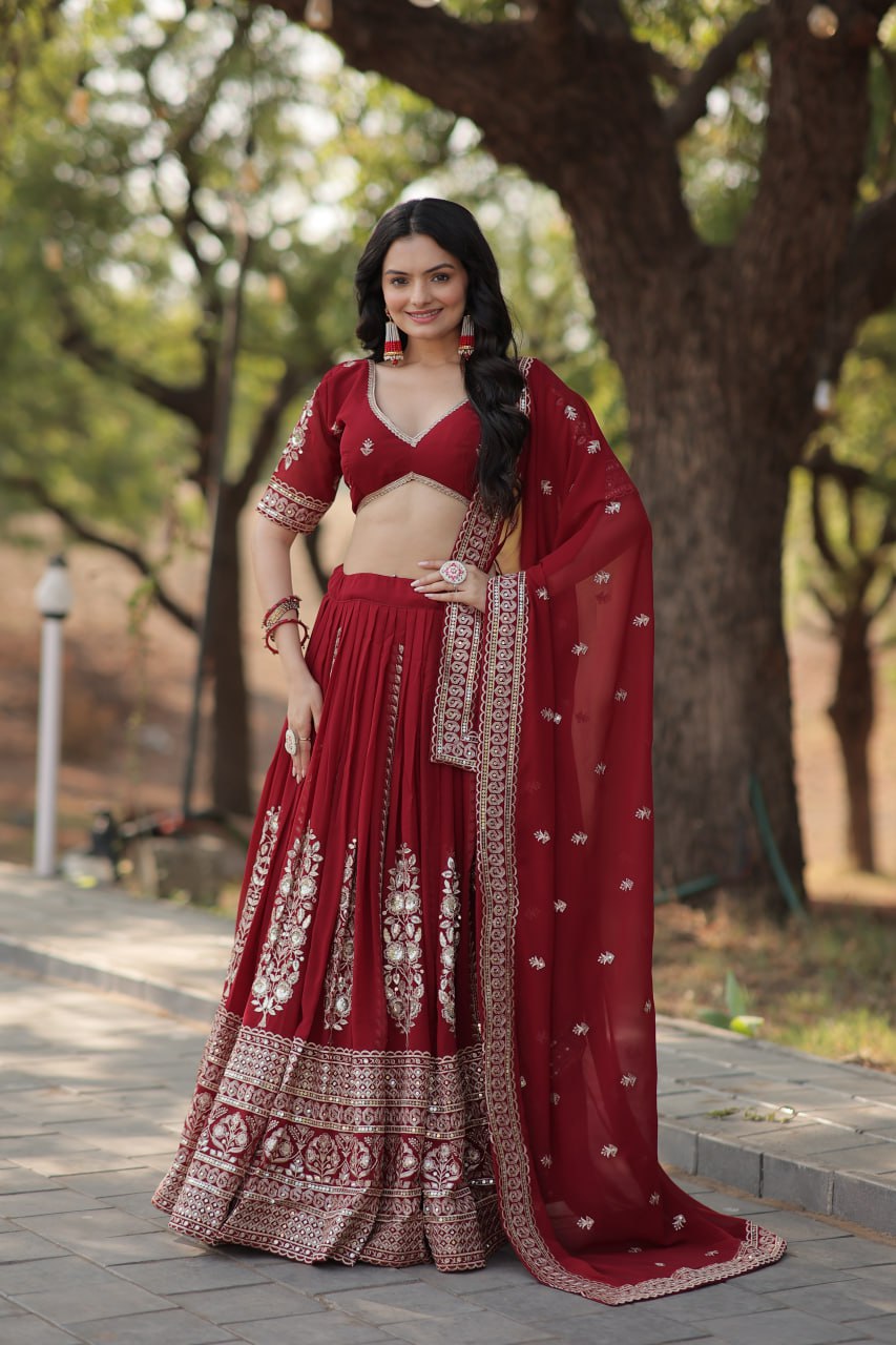 Maroon Sequin Embroidered Faux Blooming Georgette Lehenga Set