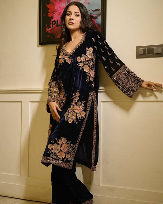 Shehnaaz Gill Blue Ready to wear Velvet Salwar Kurta