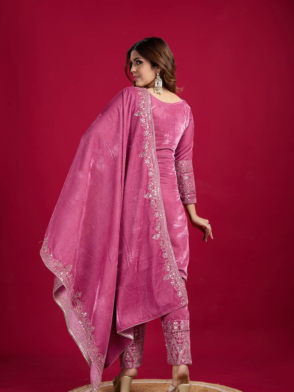 Pink Viscose Velvet Sequence Embroidery Work Salwar Suit