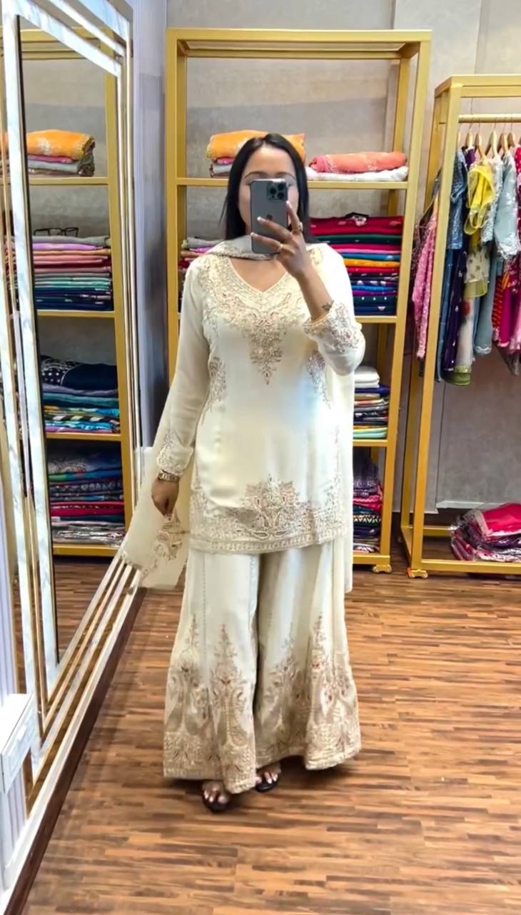 Cream Color Top Palazzo Suit With Dupatta in Chinon With Sequence Embroidery