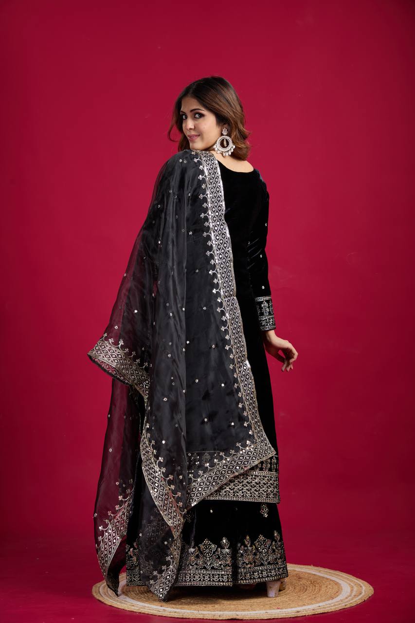 Black Velvet Kurta Sharara With Embroidery and Sequence Work With Dupatta