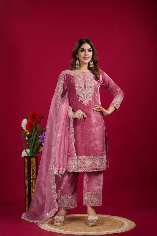 Function Wear Velvet Pink Color Salwar Suit With Duptta