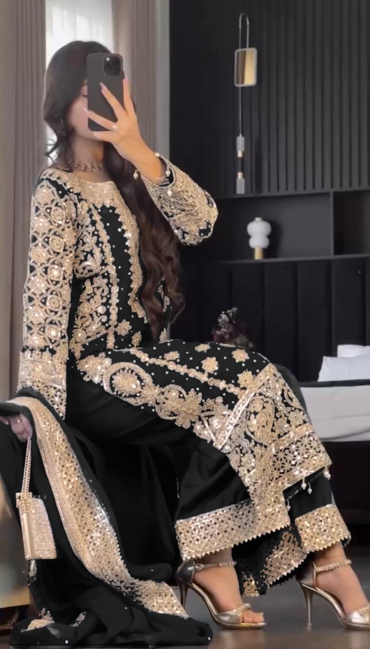 Black Georgette Zari Embroidery work Long Kurti Palazzo Dupatta Set