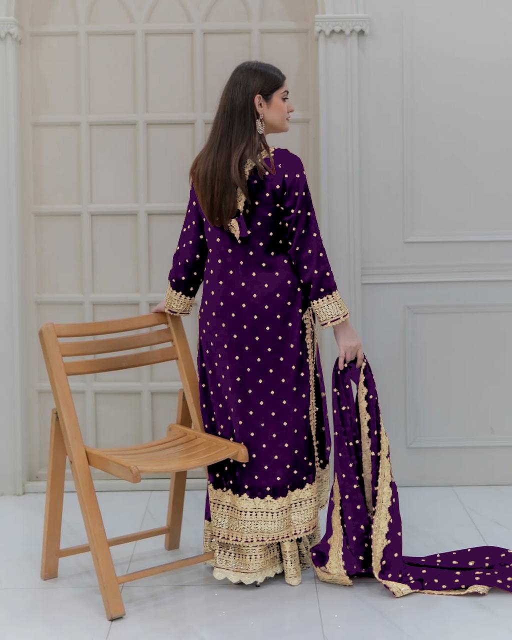 Purple Georgette Embroidery Sequence Work Top Sharara With Dupatta