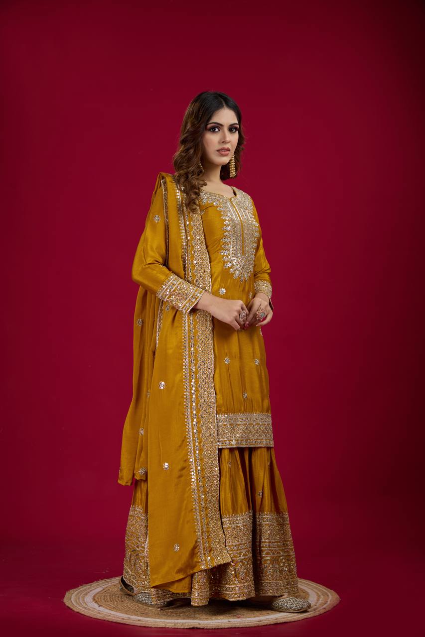 Yellow Chinnon Silk With Heavy Embroidery Sequence Work Top-Plazo And Dupatta Set