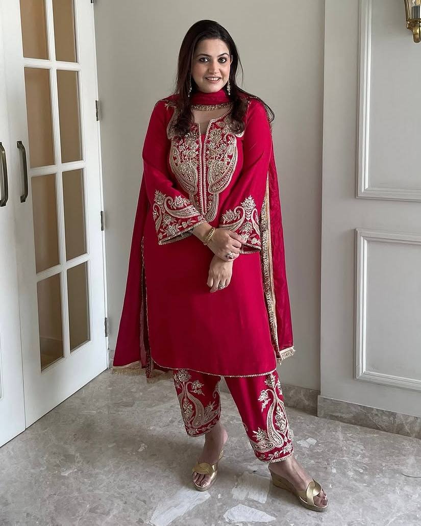 Red Chinono Top Bottom & Dupatta