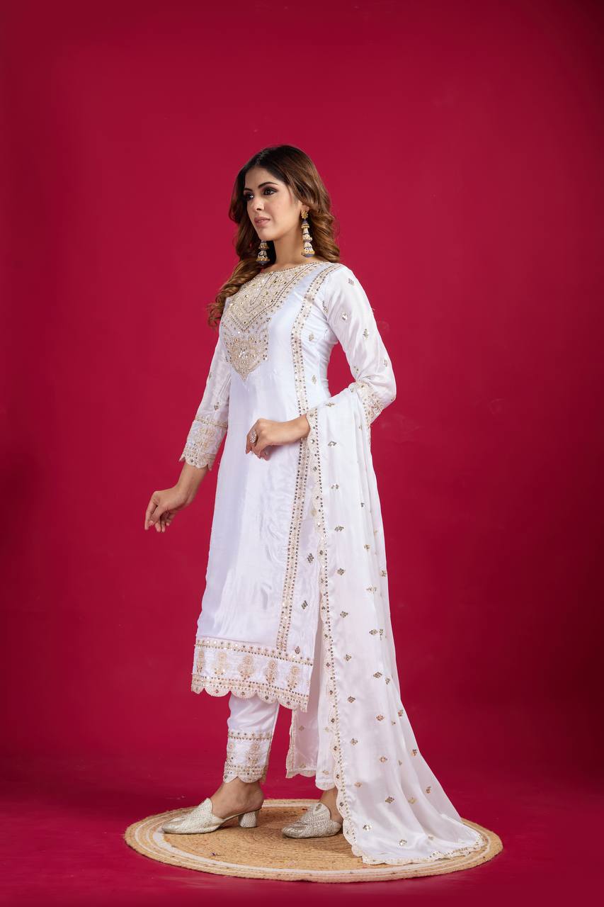 White Color Salwar Suit in Chinon With Heavy Sequins Embroidery and Real Mirror