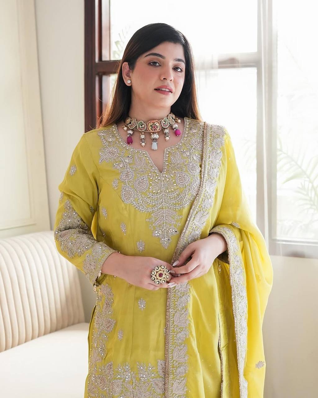 Heavy Chinon Silk With Heavy Embroidery Sequence Work Yellow  Kurta Sharara With Dupatta