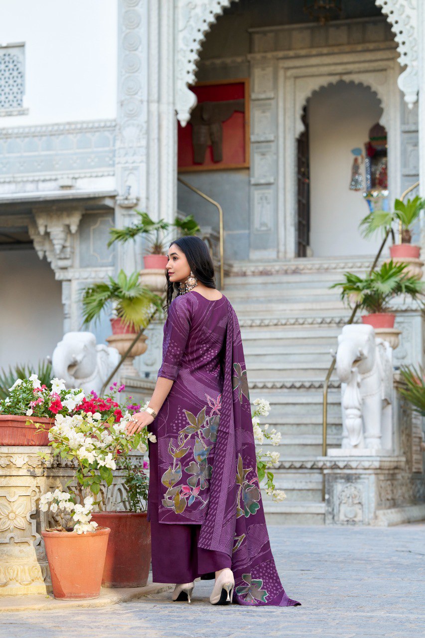 Incredible Purple Floral Printed Silk Traditional Palazzo Suit