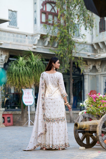 White Color Vichitra Silk Three Piece Kurti Suit