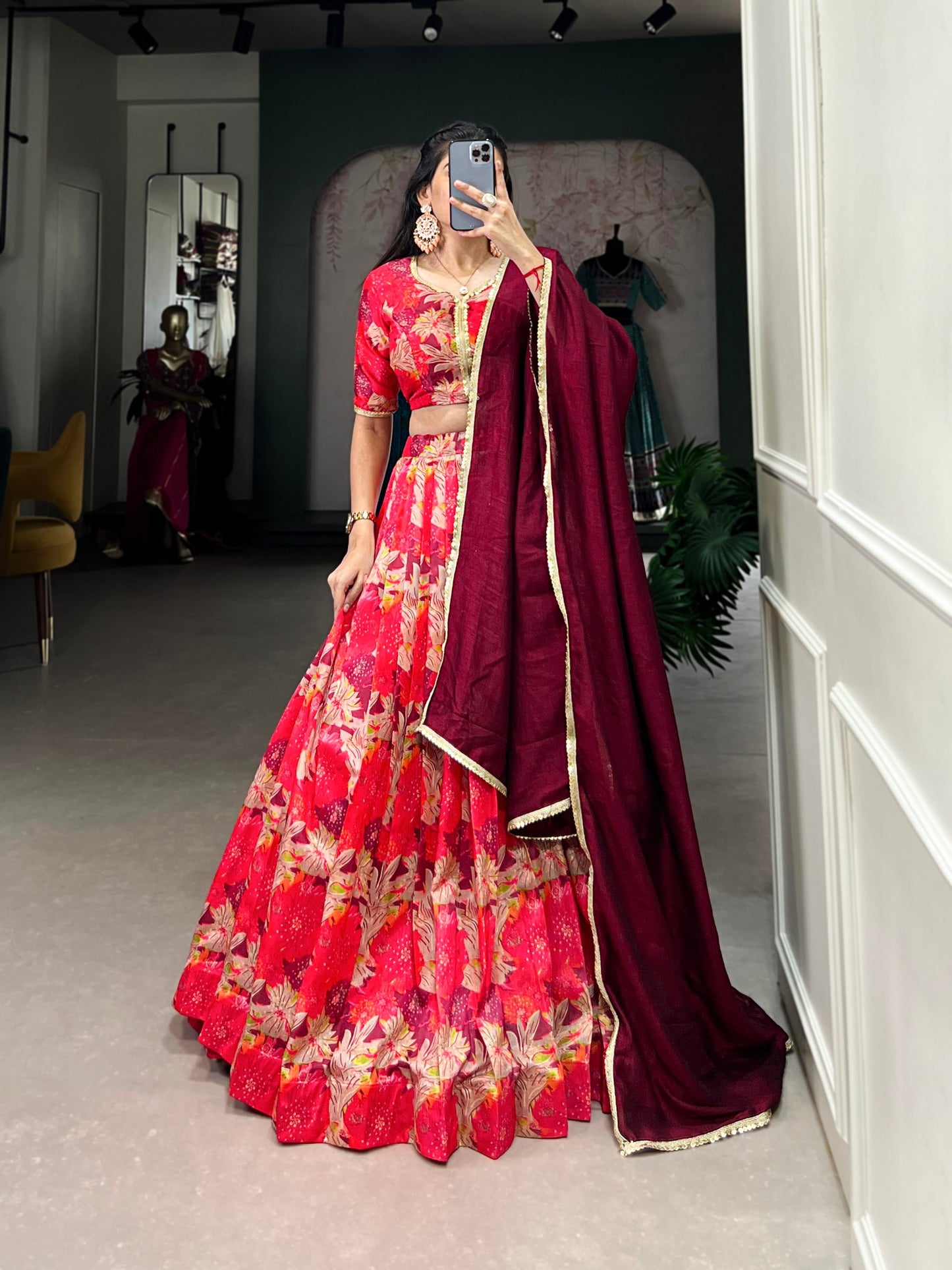 Red Color Tussar Silk Floral Printed Lehenga Choli