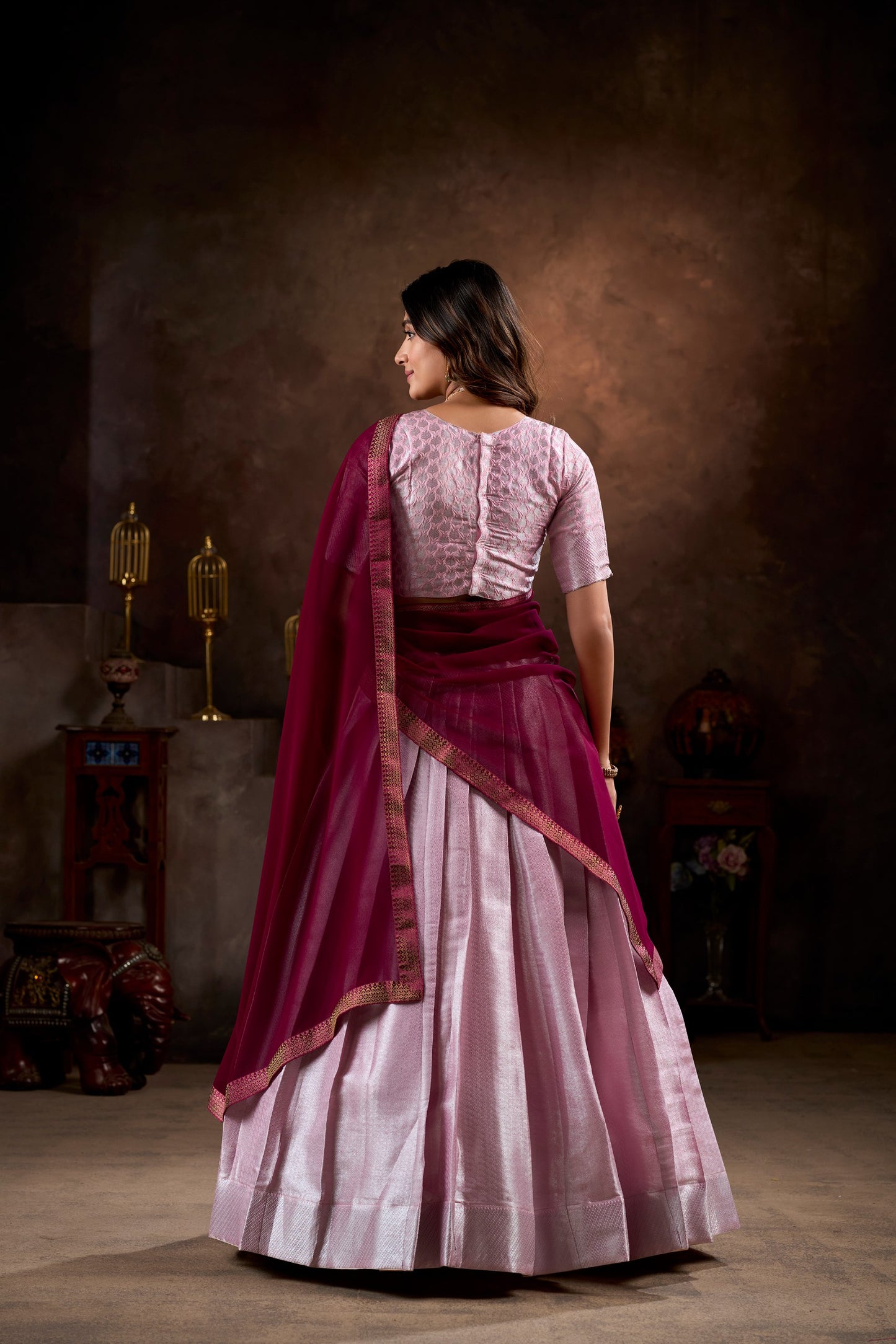 Pink Zari Work Ready to Wear Lehenga & Unstitched Blouse With Dupatta