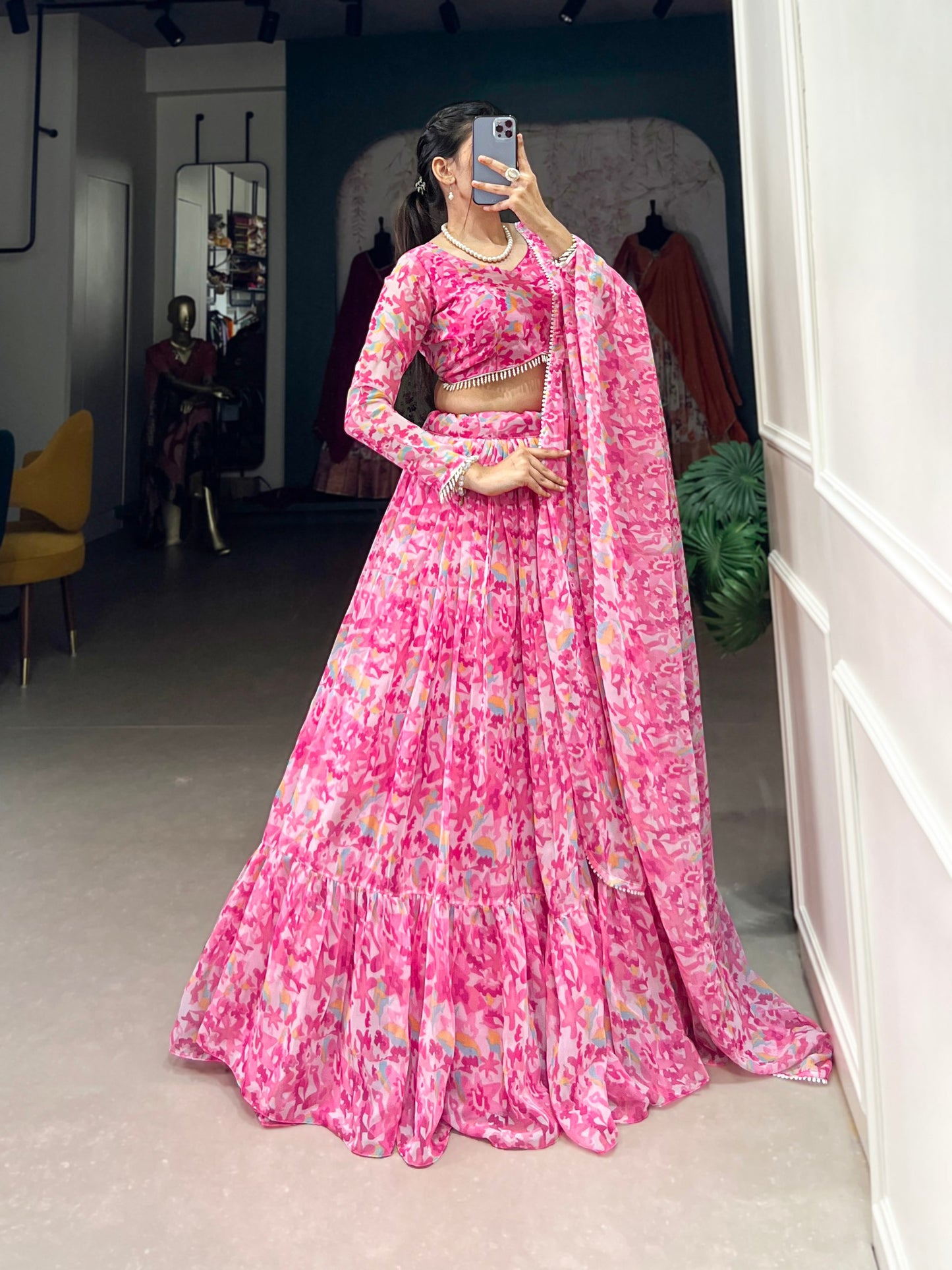 Pink Floral Printed Georgette Tiered Tradition Style Lehenga Choli