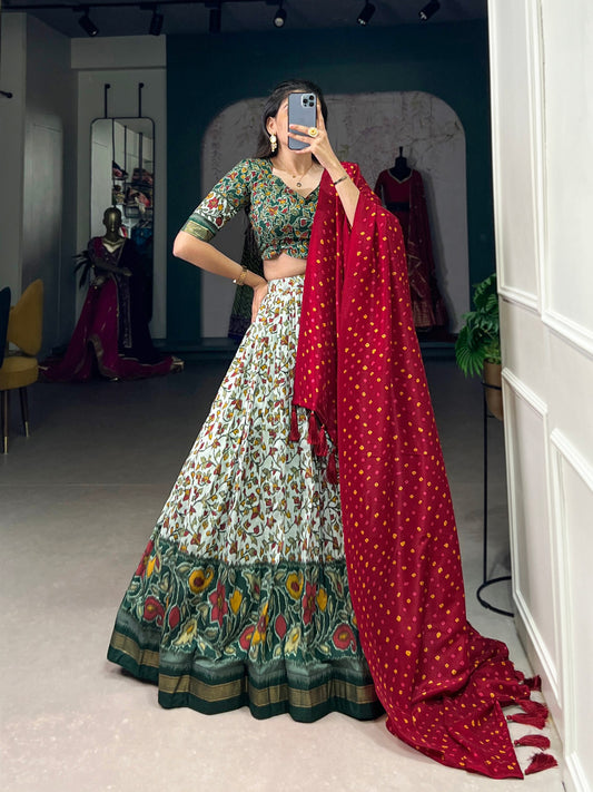 Tussar Silk Floral Print Aqua Blue and Green Trendy Lehenga Choli