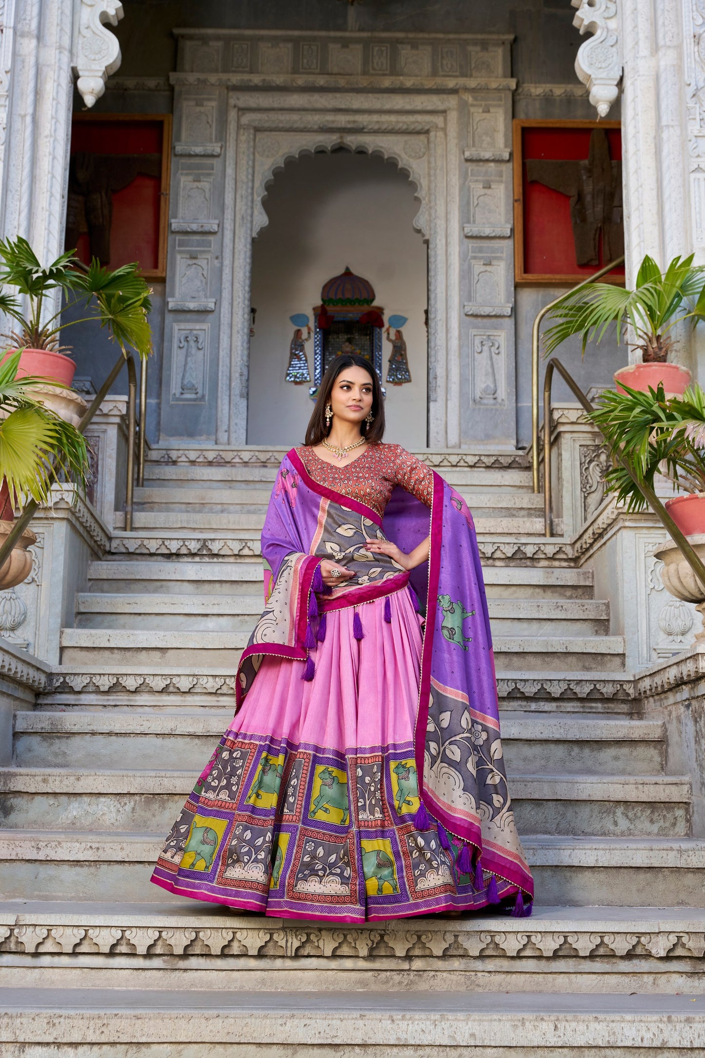 Pink Color Tussar Silk Kalamkari Printed Lehenga Choli