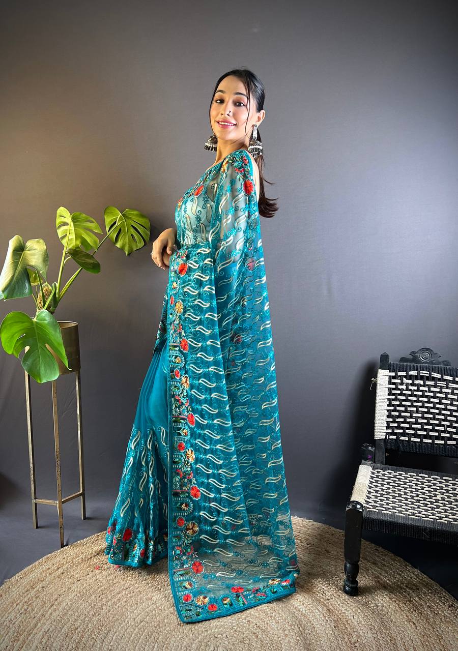 Bollywood Designer Rama Green Saree with Chain Stitch Work