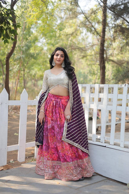 White and Purple Lehenga Choli in Georgette With Print and Sequence Lehenga Choli