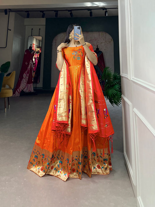 Designer Orange Printed Dola Silk Gown With Dupatta