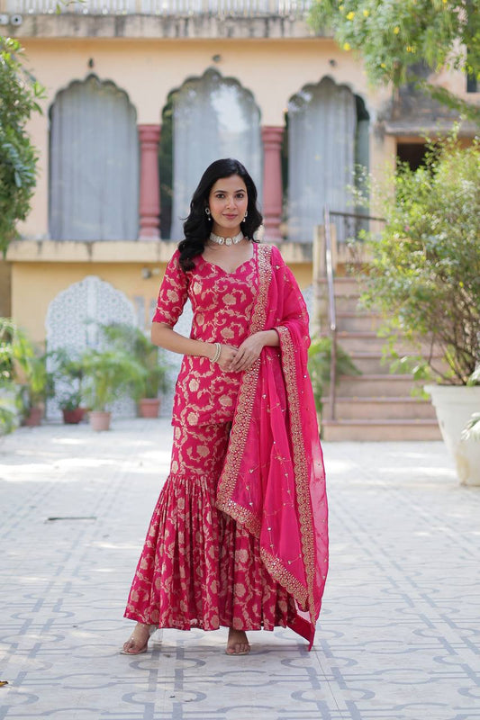 Premium Rani Pink Jacquard Silk Sharara-Gharara Suit
