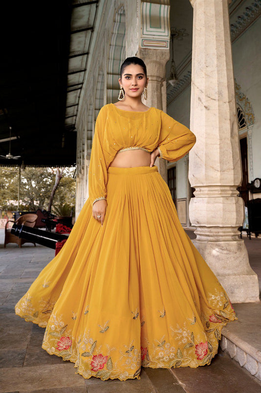 Beautiful Yellow Embroidered Georgette Haldi Wear Crop Top Lehenga