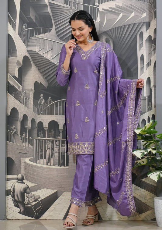 Lavender Embroidered Straight Kurta Suit Set