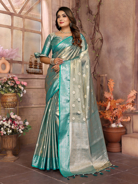 Stunning Mint Green Tissue Silk Saree