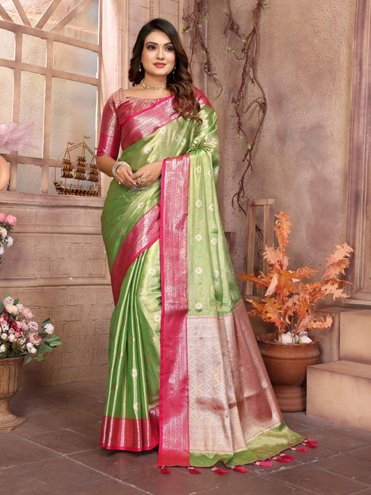Green Color Zari Weaving Saree With Unstitched Contrast Blouse