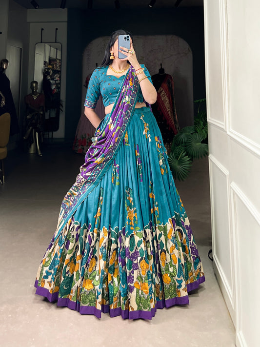 Firoji Tussar Silk Kalamkari Lehenga Set with Zari Weaving Border