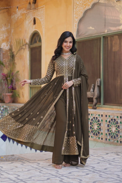 Designer Mehndi Color Three Piece Suit Set